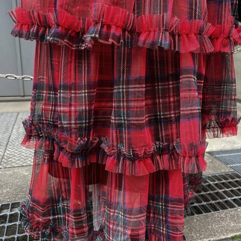 Red Casual Women's Christmas Plaid Ruffle Mesh High Waist Skirt - Picture 6 of 6